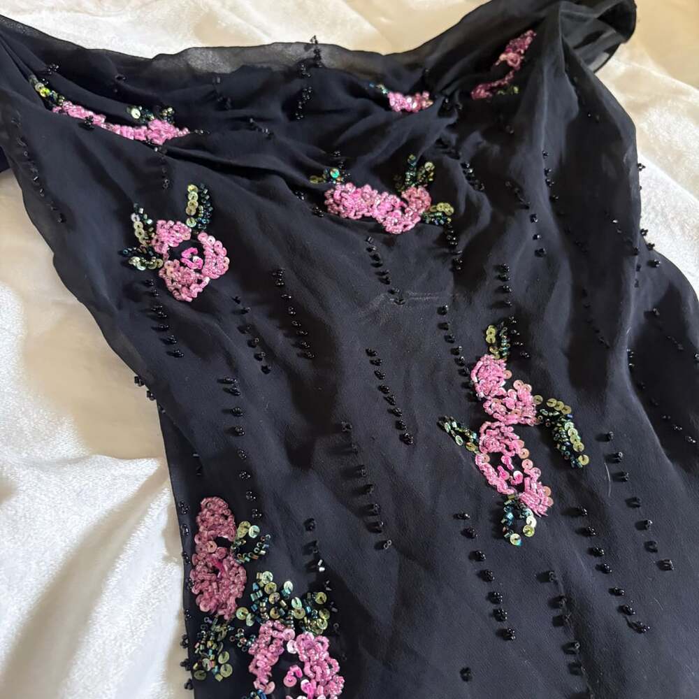 Cartise Couture Black Silk Beaded Floral Embroidered Off-Shoulder Maxi Dress - Picture 3 of 6
